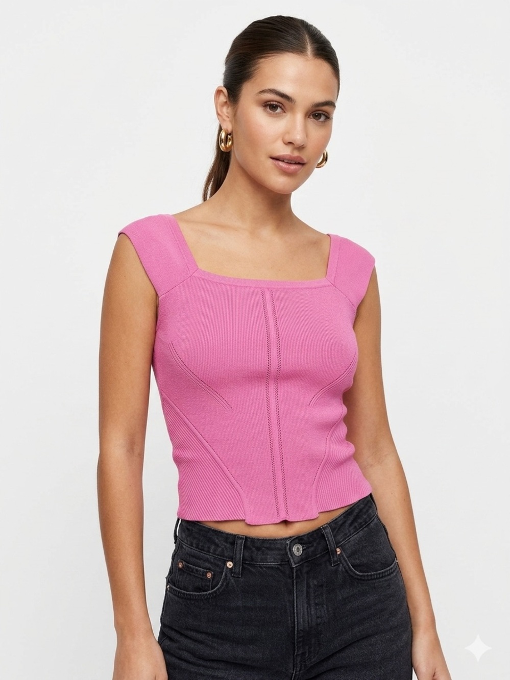River Island Pink Ribbed Knit Top Square Neck Cap Sleeve US 6 UK 10 Feminine
